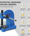 Built Different One Ton Manual Arbor Press With Four Position Steel Anvil And Five Point Five Inch Work Height For Stamping Riveting Punching And Bending Jobs Daily in blue with applications for pressing.
