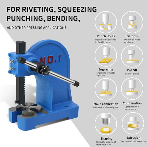 Built Different One Ton Manual Arbor Press With Four Position Steel Anvil And Five Point Five Inch Work Height For Stamping Riveting Punching And Bending Jobs Daily in blue with applications for pressing.