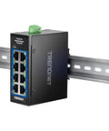 Compact Industrial 8-Port Gigabit DIN-Rail Switch Built For Rough Environments, IP30 Rated, installed view on DIN rail