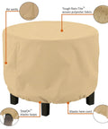 Terrazzo Water Resistant 24 Inch Round Ottoman And Coffee Table Cover for Outdoor Use shown on an ottoman, featuring air vents and elastic loops.