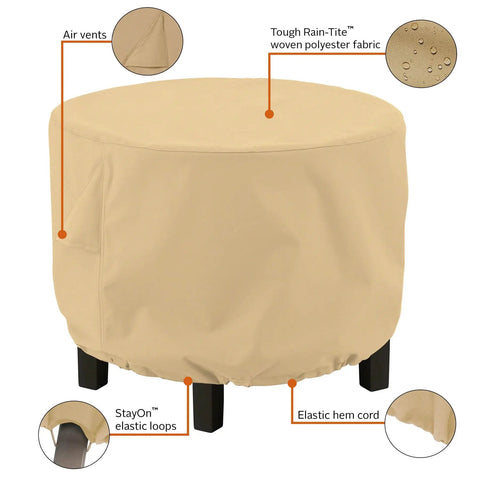Terrazzo Water Resistant 24 Inch Round Ottoman And Coffee Table Cover for Outdoor Use shown on an ottoman, featuring air vents and elastic loops.