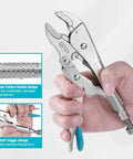 Person holding a 7 Inch Locking Pliers With Curved Jaw And Wire Cutter, Premium Cr-V Steel For Tough Clamping, Twisting, And Welding Jobs