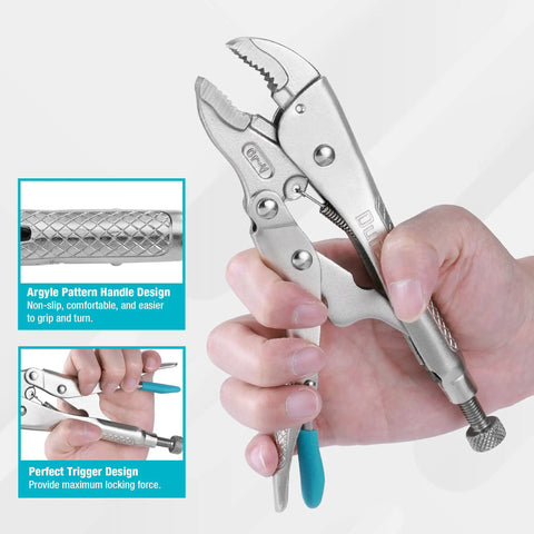 Person holding a 7 Inch Locking Pliers With Curved Jaw And Wire Cutter, Premium Cr-V Steel For Tough Clamping, Twisting, And Welding Jobs