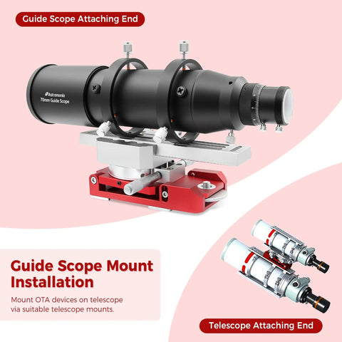 Deluxe Guide Scope Mount for Main Telescope with 6 Point Lock, 15kg Capacity shown in installation view, highlighting structure.