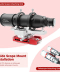 Deluxe Finderscope Guide Scope Mount for telescopes with quick alt azimuth alignment, red metal base, and guidescope installed.