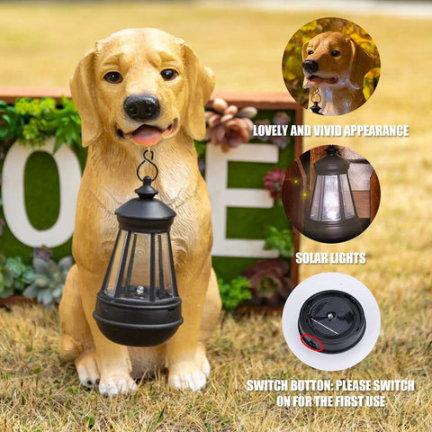 Golden Retriever Solar Dog Statue with Lantern Lights, outdoor decor for garden, resin material, 5.9" L x 12.9" H, weatherproof ornament.