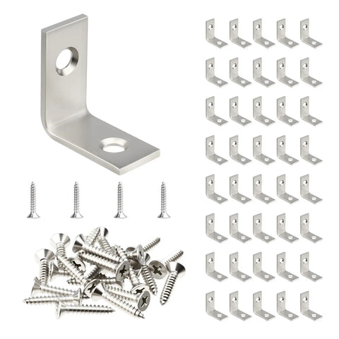 Rock Solid 1 Inch Stainless Steel L Brackets 40 Pack With 80 Countersunk Screws Rustproof Corner Braces for shelves and furniture.