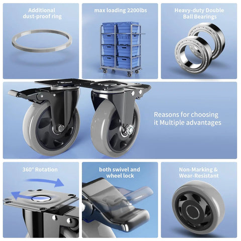 Beefy Built Tough 5 Inch Caster Wheels With Brakes showing swivel top plate, polyurethane wheels, double ball bearings, and 2200 lb capacity