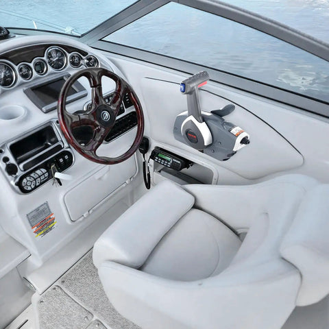 Interior boat cockpit with Beefed-Up Side Mounted Outboard Remote Control Box With Power Trim Switch And Lanyard For Evinrude Johnson Motors