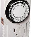 Single Outlet Mechanical Timer 120V 15 Amp Apollo 6 No Fuss Schedule Timer with dial and outlet, durable plastic design.
