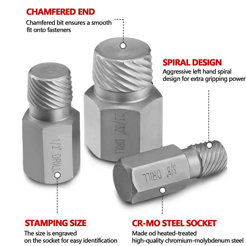 Close-up of 3-piece from 25 Piece Screw Extractor Set with Multi Spline Design for Chrome Moly Bolt Remover with engraved sizes visible.