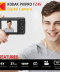 Person taking selfie with FZ45 16MP Digital Camera With 4X Optical Zoom And 27mm Wide Angle Lens, 2.7 Inch LCD Screen, features shown