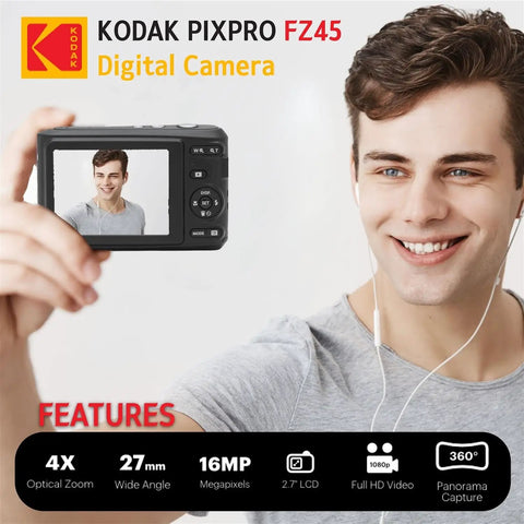 Person taking selfie with FZ45 16MP Digital Camera With 4X Optical Zoom And 27mm Wide Angle Lens, 2.7 Inch LCD Screen, features shown