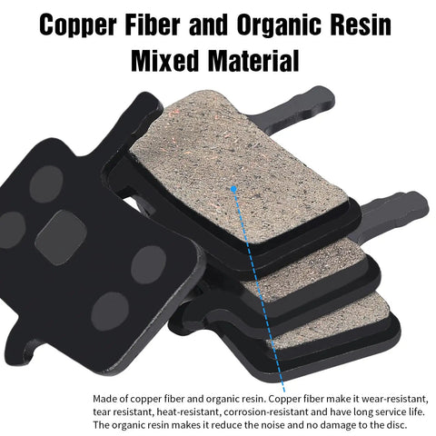 Four Pairs Bike Disc Brake Pads Kit With Three Handy Tools showing semi-metallic pads made of copper fiber and organic resin