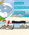 Woman using Heavy Duty Tanning Chair With Face Hole And Pad Slate Blue Five Position Folding Chaise Lounge For Outdoor Sunbathing