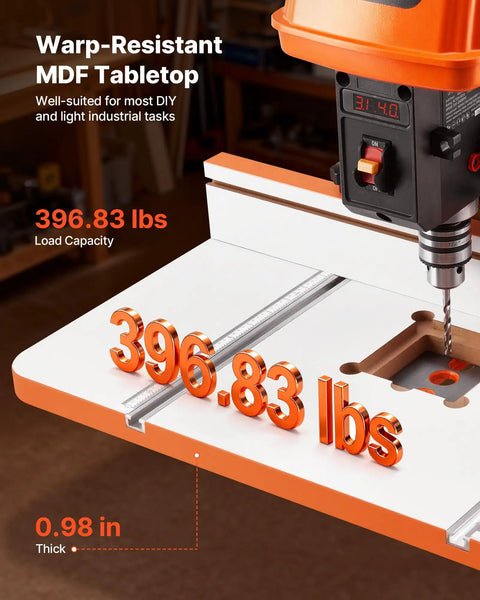 Rock Solid Drill Press Table With Adjustable Fence And Wide T Slots For Locking Down Projects Dead Nuts Precise MDF worktop, 0.98 inches thick.