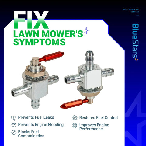 1-633347 Cut Off Fuel Valve With In Line Filter Kit, heavy-duty steel petcock for lawn mowers, two-way design, 1/4 inch barbs