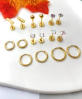 Hypoallergenic Titanium Earrings For Sensitive Ears With 14K Gold Plated Opal Ball CZ Heart Flat Back For Women And Men All Day Comfort And Everyday Wear Small Surgical Steel Flatback Stud Hoop Cartilage Earring Set Designed For Multiple Piercings, 8-pair gold set