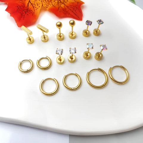 Hypoallergenic Titanium Earrings For Sensitive Ears With 14K Gold Plated Opal Ball CZ Heart Flat Back For Women And Men All Day Comfort And Everyday Wear Small Surgical Steel Flatback Stud Hoop Cartilage Earring Set Designed For Multiple Piercings, 8-pair gold set