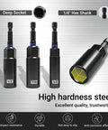 55 Piece Magnetic Impact Nut Driver Set With SAE And Metric Bits showing deep socket, hex shank, and hardness steel features.