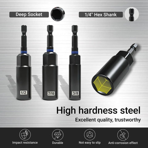55 Piece Magnetic Impact Nut Driver Set With SAE And Metric Bits showing deep socket, hex shank, and hardness steel features.