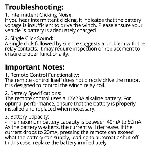 Troubleshooting and notes for Wireless Winch Remote Control Kit for Trucks ATVs SUVs Jeeps No Fuss Setup With 12V 250A Solenoid Relay