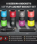 Flip Lug Nut Socket Set 1/2 Inch Thin Wall Impact Sockets for Fast Tire Changes, showing 8 sizes metric and SAE, colored design.