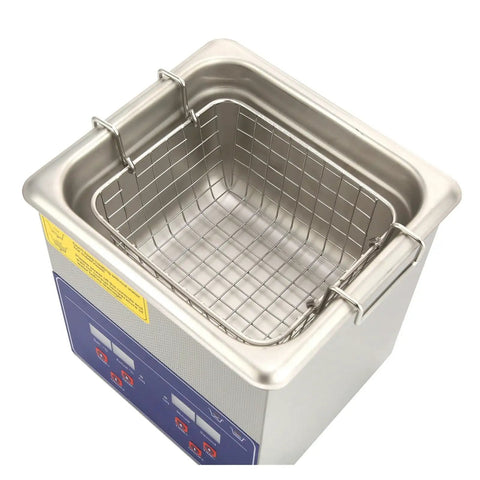 Heavy Duty Digital Ultrasonic Cleaner Built Tough With Stainless Steel Tank showing a stainless steel basin with a wire basket.