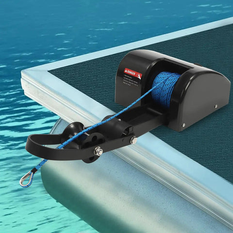 35lb Boat Electric Anchor Winch 12V Saltwater Windlass System With Remote Control 100ft Anchor Rope Heavy Duty Towing Winch For 24ft Boats Built Tough Rust Proof Construction ABS And Stainless Steel mounted on boat bow with blue rope