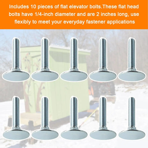 10 Pack Hella Sturdy Elevator Bolts 1/4-20 X 1-1/2 Inch Flat Head Heavy Duty Fasteners displayed on a blurred background.