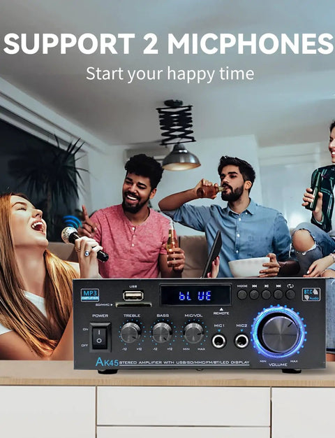 Powerful Bluetooth 5 Point 0 HiFi Stereo Amplifier Receiver with USB, RCA, FM radio, mic input, and remote control displayed in use.