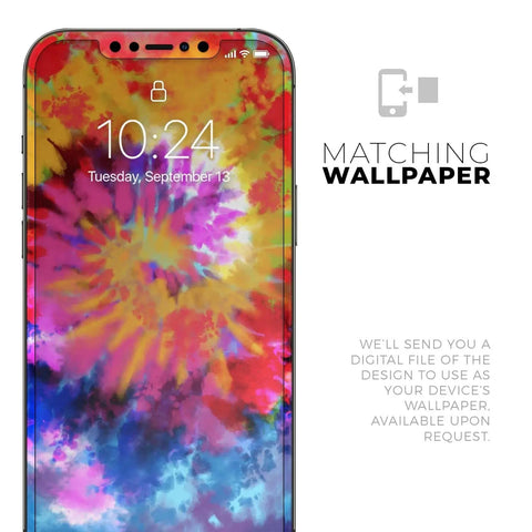 Full Body Skin Wrap Kit for iPhone 11 With Spiral Tie Dye Design highlighting colorful pattern and matching wallpaper offer.