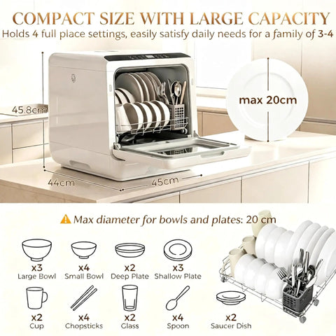 Snappy Portable Countertop Dishwasher With Built In One Point Six Gallon Tank For No Sweat Cleaning Top Shelf Results And Quick Faucet Hookup Without Messy Drain Lines, compact with 4 place settings.