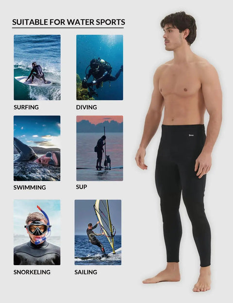 3mm Neoprene Wetsuit Pants For Men Warm Flat Stitch Swim Pants For Surfing Kayaking Snorkeling Diving Canoeing Paddle Boarding And Other Water Sports Comfortable Fit Full Range Of Motion Snug Thermal Protection Keeps You Toasty on model with water sports suitability images