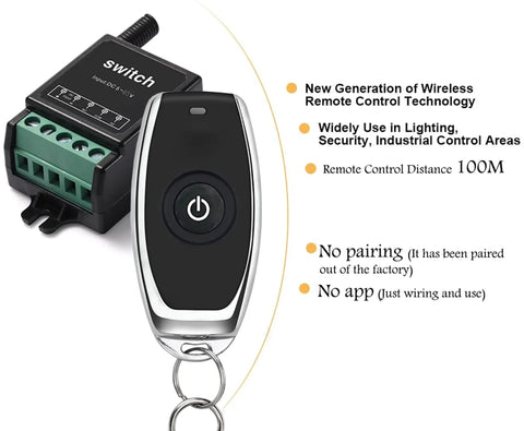 12V Wireless Remote Control Relay Switch With 10A Output, Long Range 328ft, Dry Contact showing relay and remote