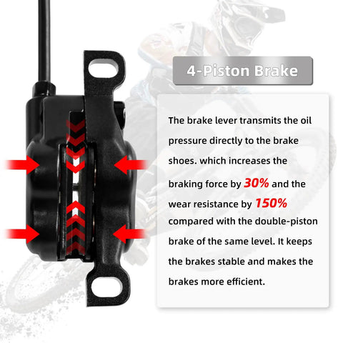 Close-up view of 4-Piston Hydraulic Disc Brake Set For MTB And E-Bike, with visible caliper and brake mechanism details.