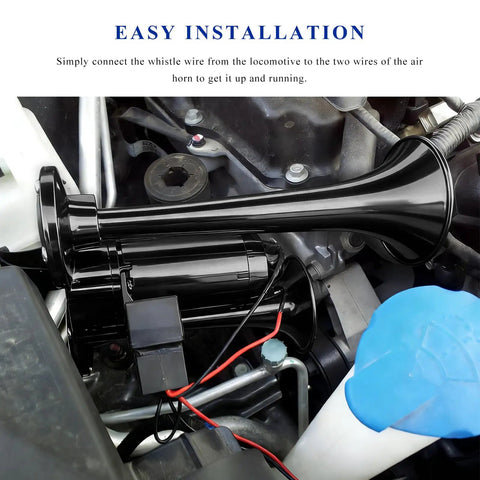 Hella Loud Badass 12V Car Air Horn With Integrated Compressor And Dual Trumpets Super 120dB Waterproof shown during installation in engine compartment.