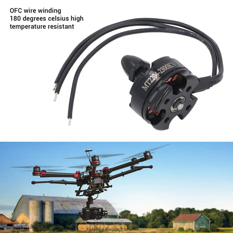 Brushless Motor 2300KV With 420G Max Thrust For FPV RC Drones shown with wires and a drone in the background.