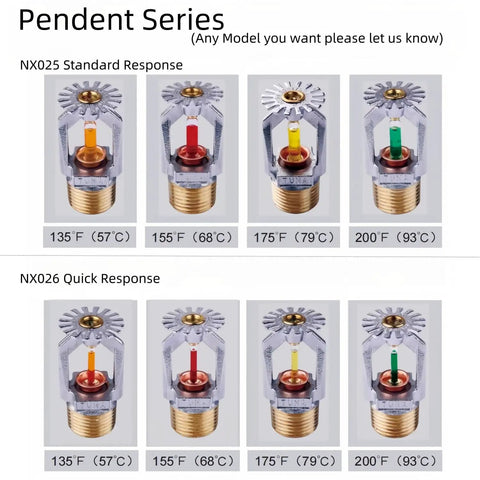 Pendent Series Fire Sprinkler Heads displaying temperature ratings from 135°F to 200°F with standard and quick response types.