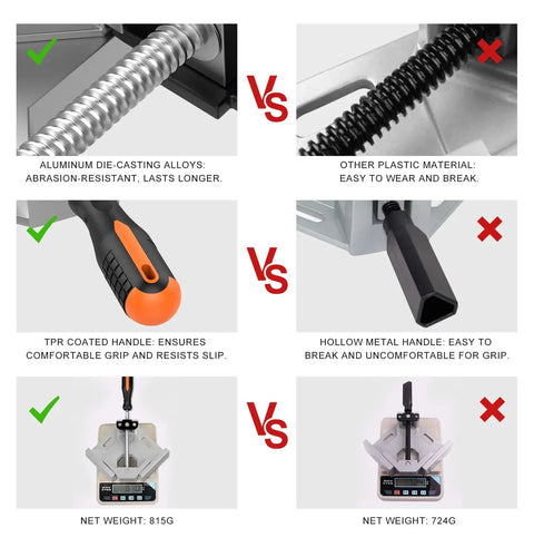 Comparison of aluminum vs plastic components for Right Angle Corner Clamp 4 Pack With Single Handle, highlighting material durability