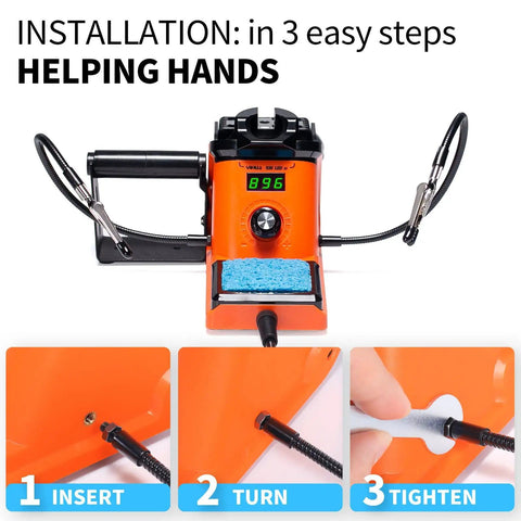 60W LED Display Soldering Station Kit With 2 Helping Hands installation steps: insert, turn, tighten, shown on orange device