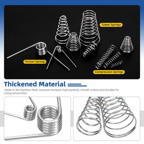 Tower Conical Spring Set 148-Piece With Assorted Taper Springs 0.3-1.5mm displayed on black, includes torsion and compression types.