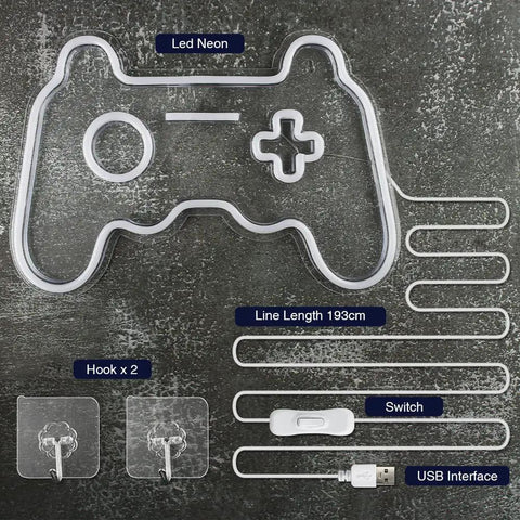 Components of Neon Game Controller Sign LED Light for Gaming Room Decor 16x11 Inch Wall Light, showing hooks, switch, and USB interface.