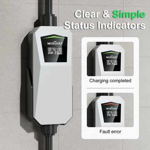 Tesla Level 2 Portable EV Charger 25A with 22 foot cable showing status indicators for all Tesla models and Cybertruck