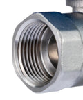 Close-up of stainless NPT thread on a Half Inch Motorized Ball Valve In Stainless Steel With Full Port For Water Lines 9 To 24V AC DC