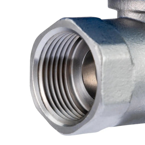 Close-up of stainless NPT thread on a Half Inch Motorized Ball Valve In Stainless Steel With Full Port For Water Lines 9 To 24V AC DC