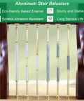 95cm Tall Handrail Post With Installation Kit, Adjustable Banister Spindle For Indoor Home Stairways, Sturdy Aluminum Pillar, B-Style Balusters, Pack Of 20, Easy Deck Guardrail Support. Aluminum stair balusters with golden accents and decorative textures.