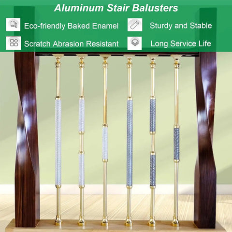 95cm Tall Handrail Post With Installation Kit, Adjustable Banister Spindle For Indoor Home Stairways, Sturdy Aluminum Pillar, B-Style Balusters, Pack Of 20, Easy Deck Guardrail Support. Aluminum stair balusters with golden accents and decorative textures.