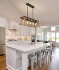 Farmhouse 5 Light Chandelier For Dining Room And Kitchen Island Rustic Pendant Light Fixtures In Matte Black With Wood Finish