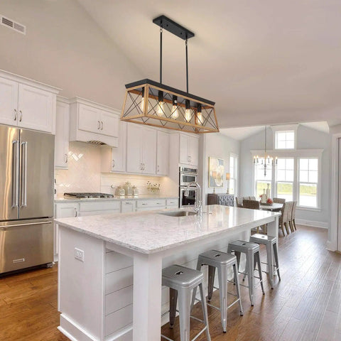 Farmhouse 5 Light Chandelier For Dining Room And Kitchen Island Rustic Pendant Light Fixtures In Matte Black With Wood Finish